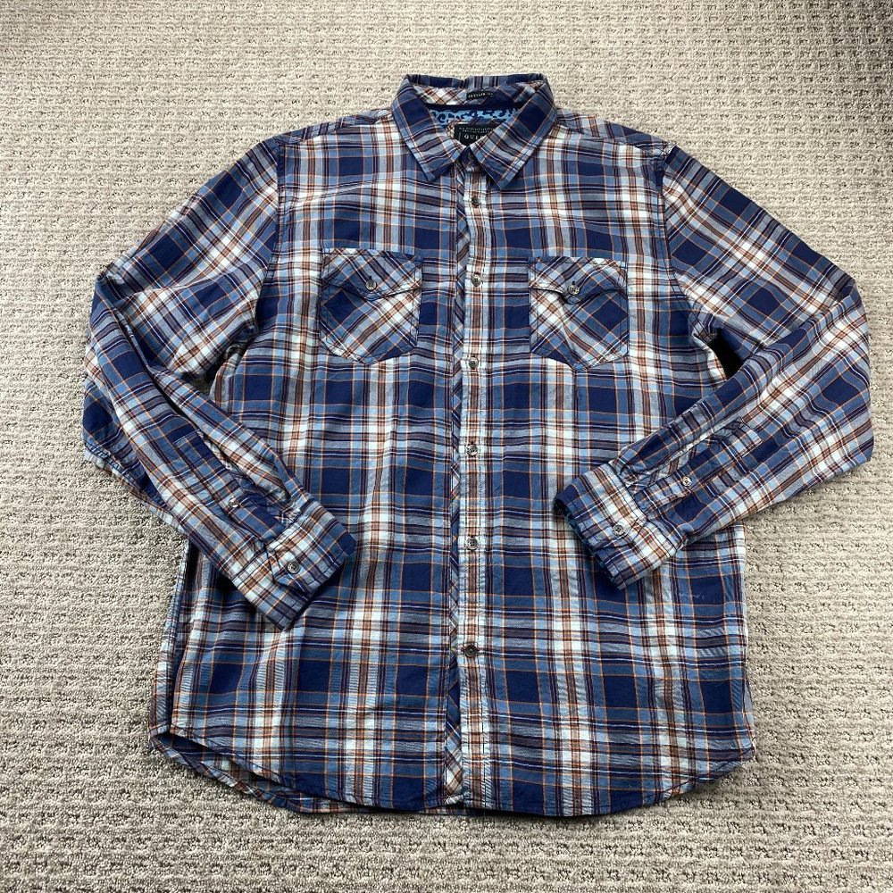 Guess Los Angeles Plaid Shirt Men Large L Blue Orange Casual Pretty Button Up